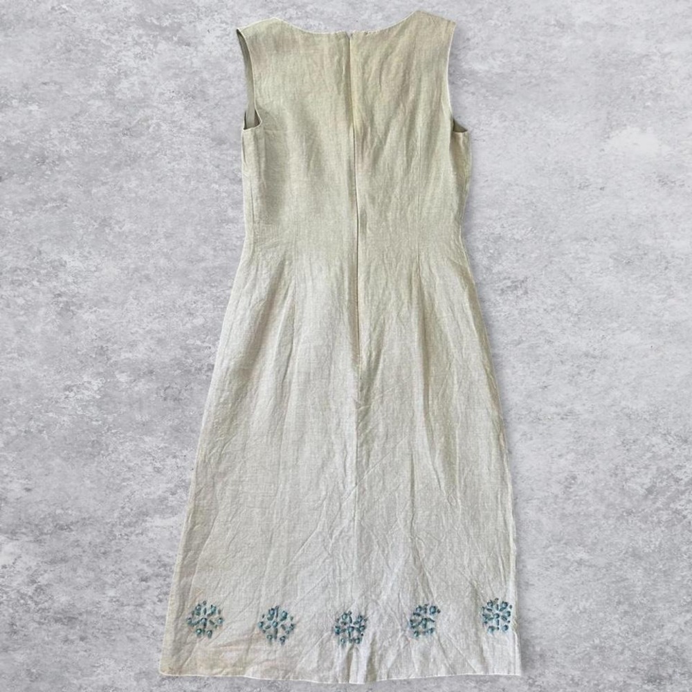 Dual View Beige Linen Beaded Sleeveless Midi Sheath Dress Turquoise Beading‎ - Picture 3 of 8